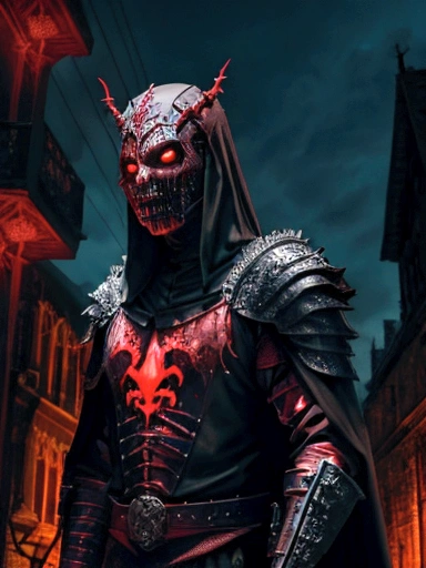  
(extremely detailed 8k wallpaper), a medium shot photo of scary  Grim dressed as a bloody masked vampire in an armour made of red glowing wires from marvel, theme, intricate, high detail, dramatic, old scary building  with a leaves in the background 