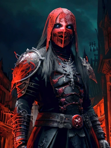 (extremely detailed 8k wallpaper), a medium shot photo of scary Grim dressed as a bloody masked vampire in an armour made of red glowing wires from marvel, theme, intricate, high detail, dramatic, old scary building with a leaves in the background