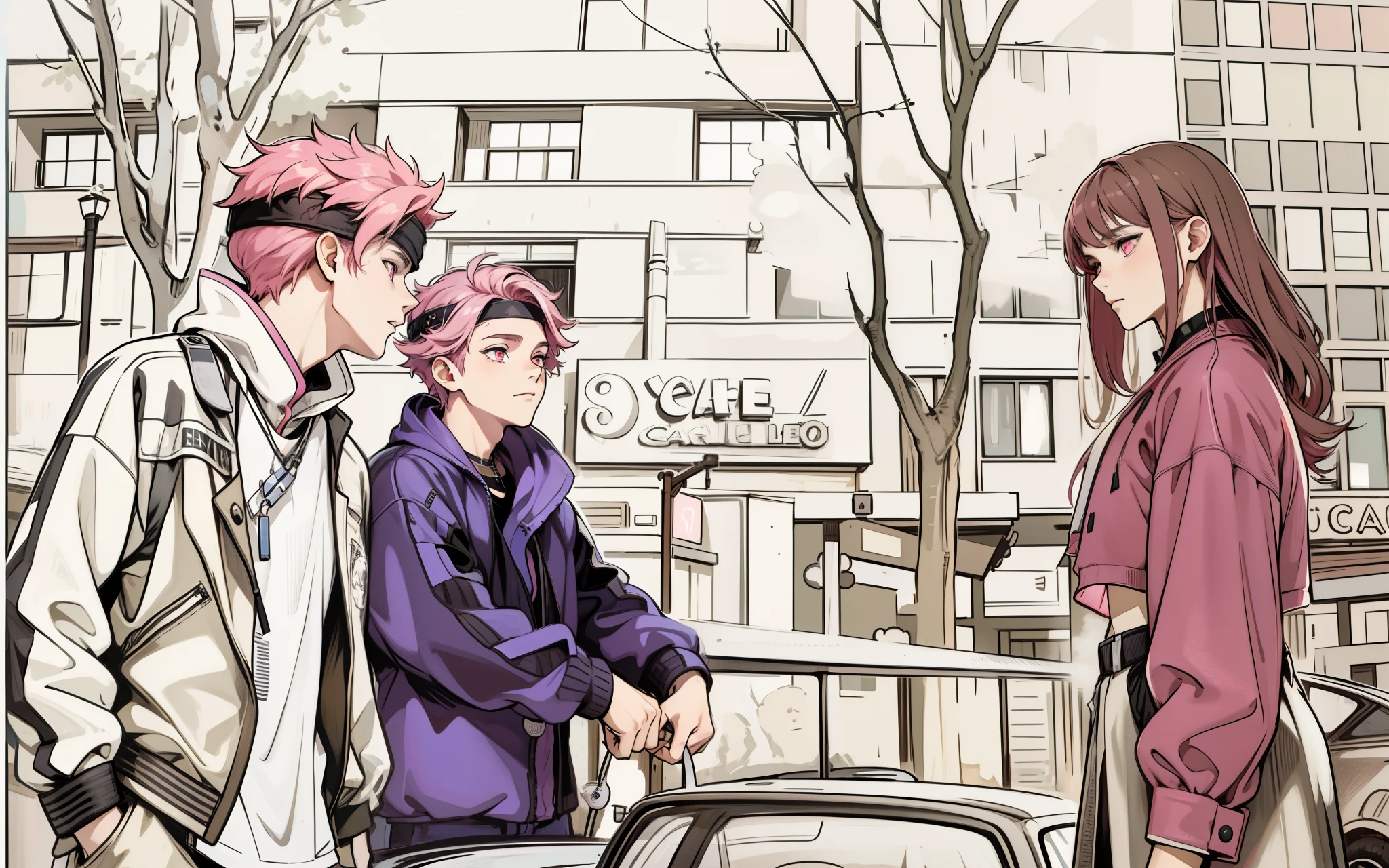 There are two 16-year-old men with pink eyes, pink hair, they have a black TV band on their heads, they are looking at a pretty 16-year-old girl from Cablello Cafe.