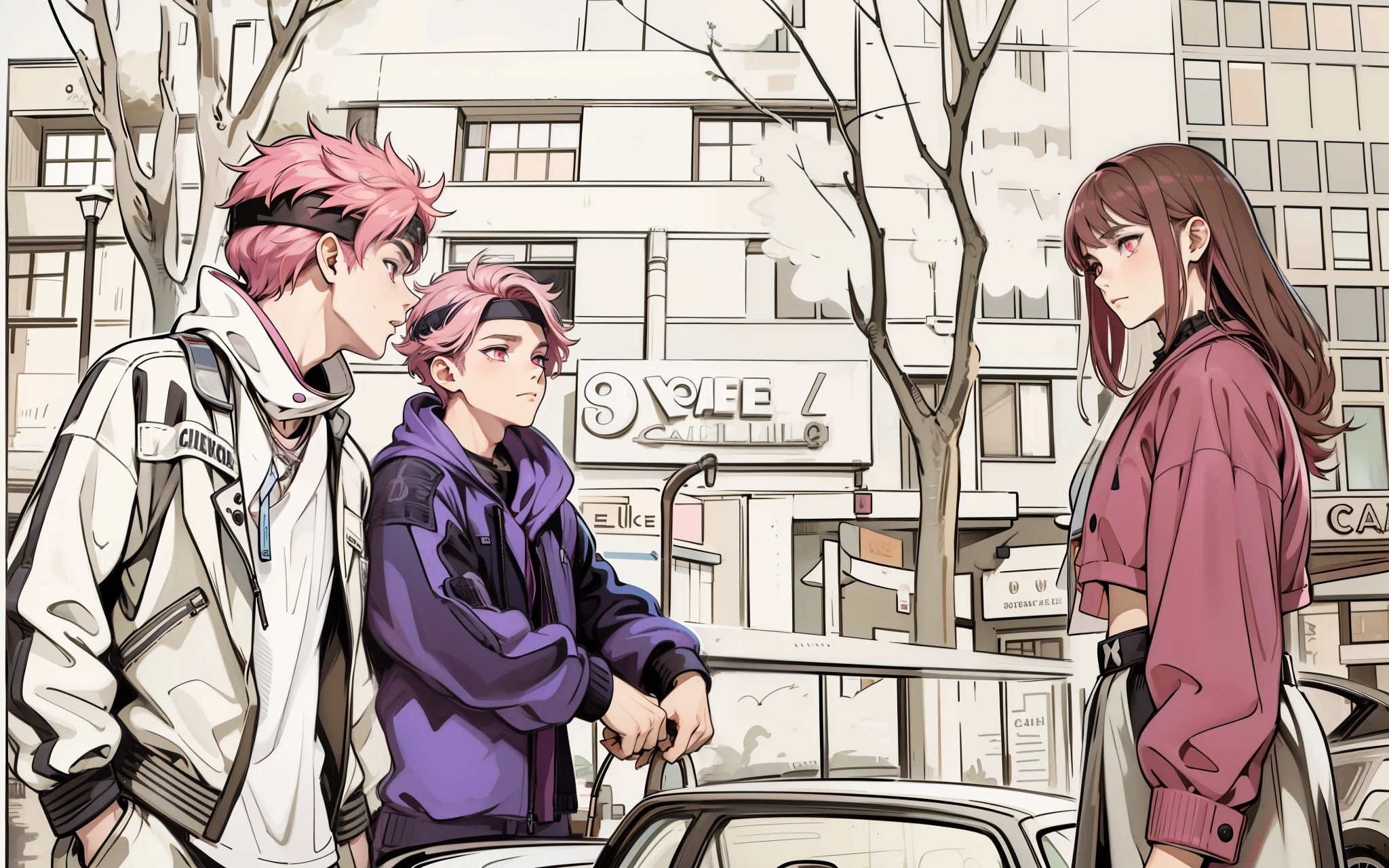 There are two 16-year-old men with pink eyes, pink hair, they have a black TV band on their heads, they are looking at a pretty from Cablello Cafe.