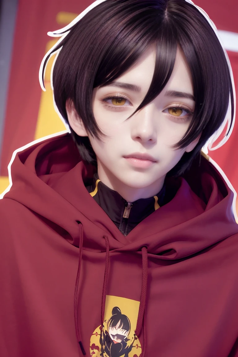 hui xiyi, rekkyou sensen, rekkyo sensen, black hair, yellow eyes, boy, male, hoodies, (red hoodies:1.25)