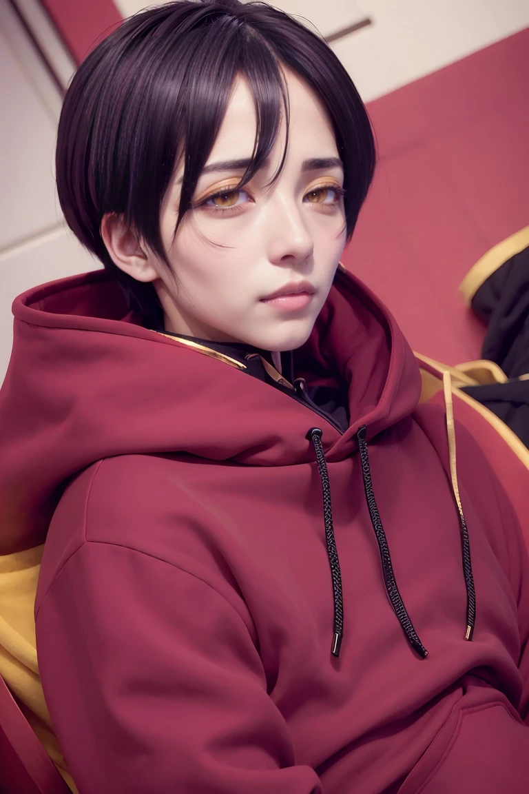 hui xiyi, rekkyou sensen, rekkyo sensen, black hair, yellow eyes, boy, male, hoodies, (red hoodies:1.25)