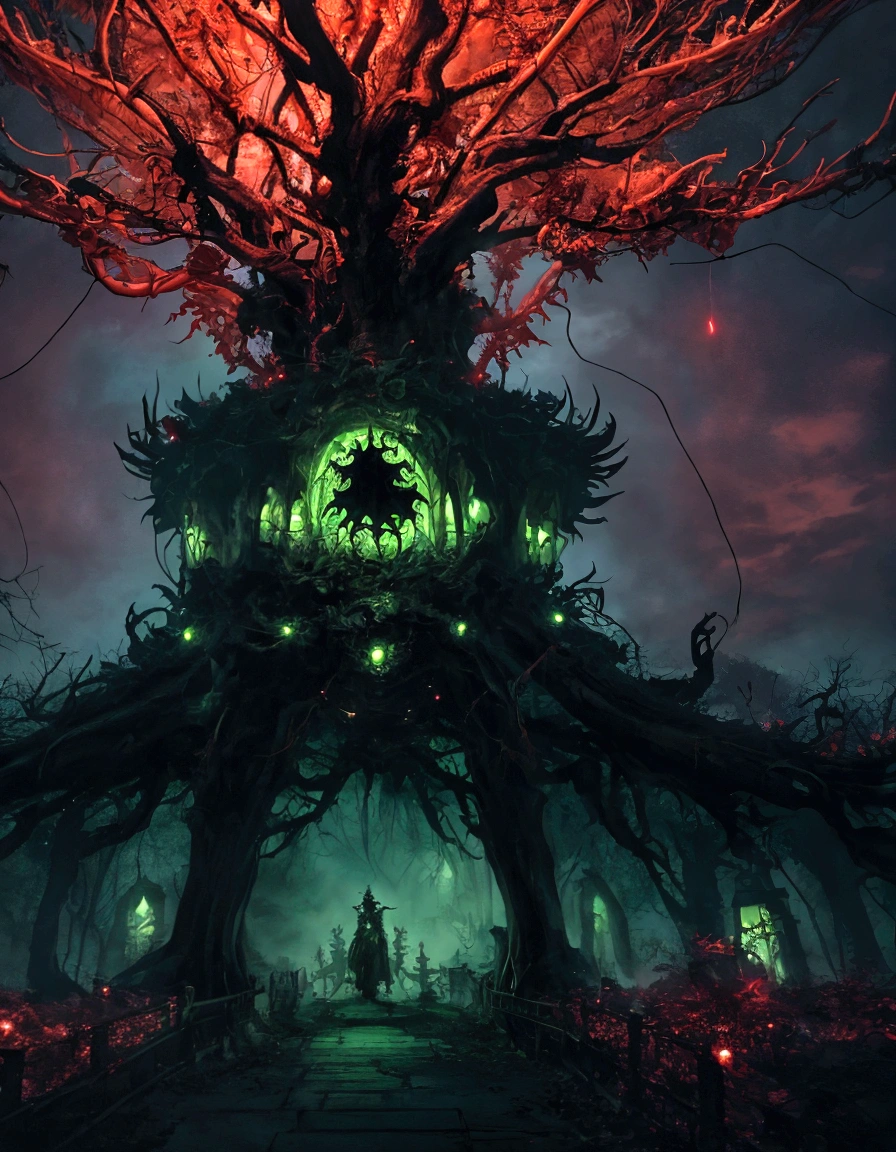 (extremely detailed 8k wallpaper), a medium shot photo of scary Grim dressed as a green leaf-monster in an armour made of red glowing wires from marvel, theme, intricate, high detail, dramatic, old scary building with a leaves in the background