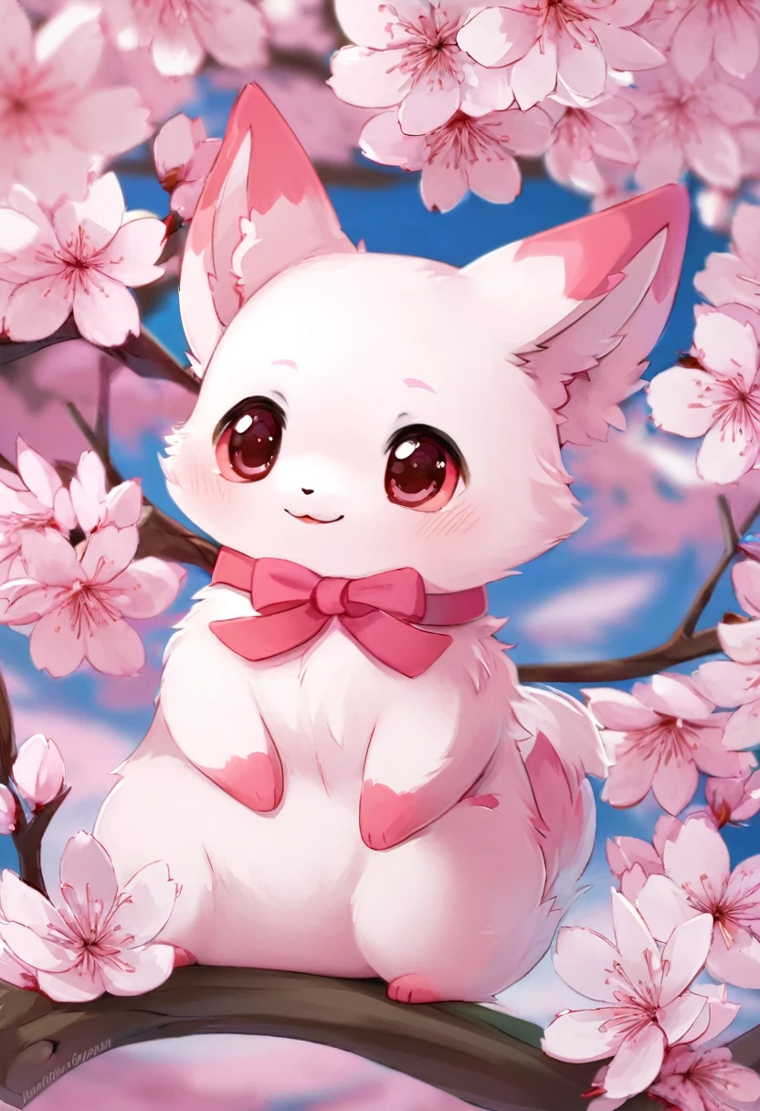 A very cute little cherry blossom animal, surrounded by cherry blossoms