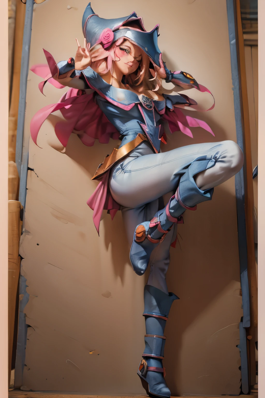 Beautiful face of dark magician gils, blue eyes. pink lips. Long blonde hair. exposed shoulders, angelic smile, beautiful well detailed face of dark magician gils. With his hands he makes the sign of love and peace.  His hands make a sign of peace and love. Peace and love in your hands . She wears dark, tight jeans.. has heels 