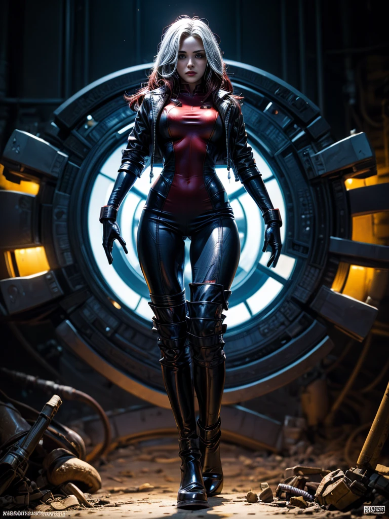 Lindsey Fonseca、masterpiece、High quality 4K、villain (X-Men)、Gothic Girl、Sculpted Body Gothic Makeup、Black jacket、Red and blue bodysuit、masterpiece、Highest quality、Cowboy Shots、One personの女の子、One person、Technology Military Bodysuit、fringe
