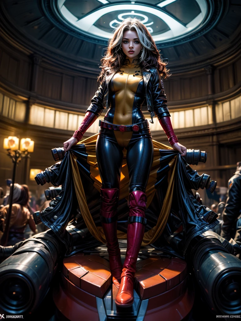 Lindsey Fonseca、masterpiece、High quality 4K、villain (X-Men)、Gothic Girl、Sculpted Body Gothic Makeup、Black jacket、Red and blue bodysuit、masterpiece、Highest quality、Cowboy Shots、One personの女の子、One person、Technology Military Bodysuit、fringe