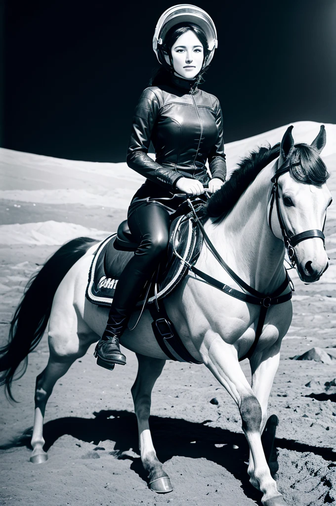 Woman riding a horse on the moon