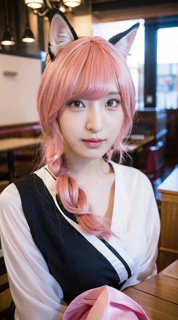 League of Legends Fox, Super detailed face, 3 symmetrical lines on both sides of the face, Fine grain, double eyelid, High cold, Woman sitting in café, Hanfu, Systemic composition, society, Cosplay, Fantasy art, Very beautiful CG anime cat girl, Pink Hair, Pink fox ears, silk, high quality Fantasy stock photo, Good figure, Fantasy, Awesome transparent background, Bokeh Background, Unreal Engine, 3D Rendering