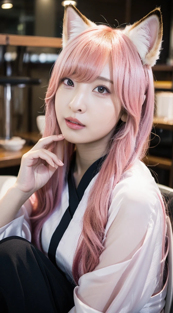League of Legends Fox, Super detailed face, 3 symmetrical lines on both sides of the face, Fine grain, double eyelid, High cold, Woman sitting in café, Hanfu, Systemic composition, society, Cosplay, Fantasy art, Very beautiful CG anime cat girl, Pink Hair, Pink fox ears, silk, high quality Fantasy stock photo, Good figure, Fantasy, Awesome transparent background, Bokeh Background, Unreal Engine, 3D Rendering