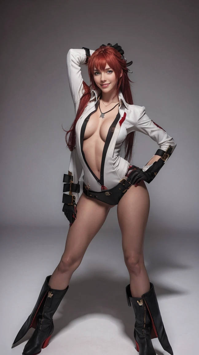 (masterpiece), best quality, HD, NIPPLES, expressive eyes, perfect face, solo, breasts, cleavage, full body, red hair, aqua eyes, no bra, collarbone, midriff, navel, slim body, necklace, ankh, belt, black gloves, milf, ankh, white strait bodysuit, compass rose ass visible through thighs, red gloves, standing, strivejacko, Jack-O'Valentine, white bodysuit, visible smiles, long hair streak, irish woman, tight, sweating, lipstick, FIGHTEr, guilty gear, boot shoe, skimpy, interrogation, merore, happiness, ahoge