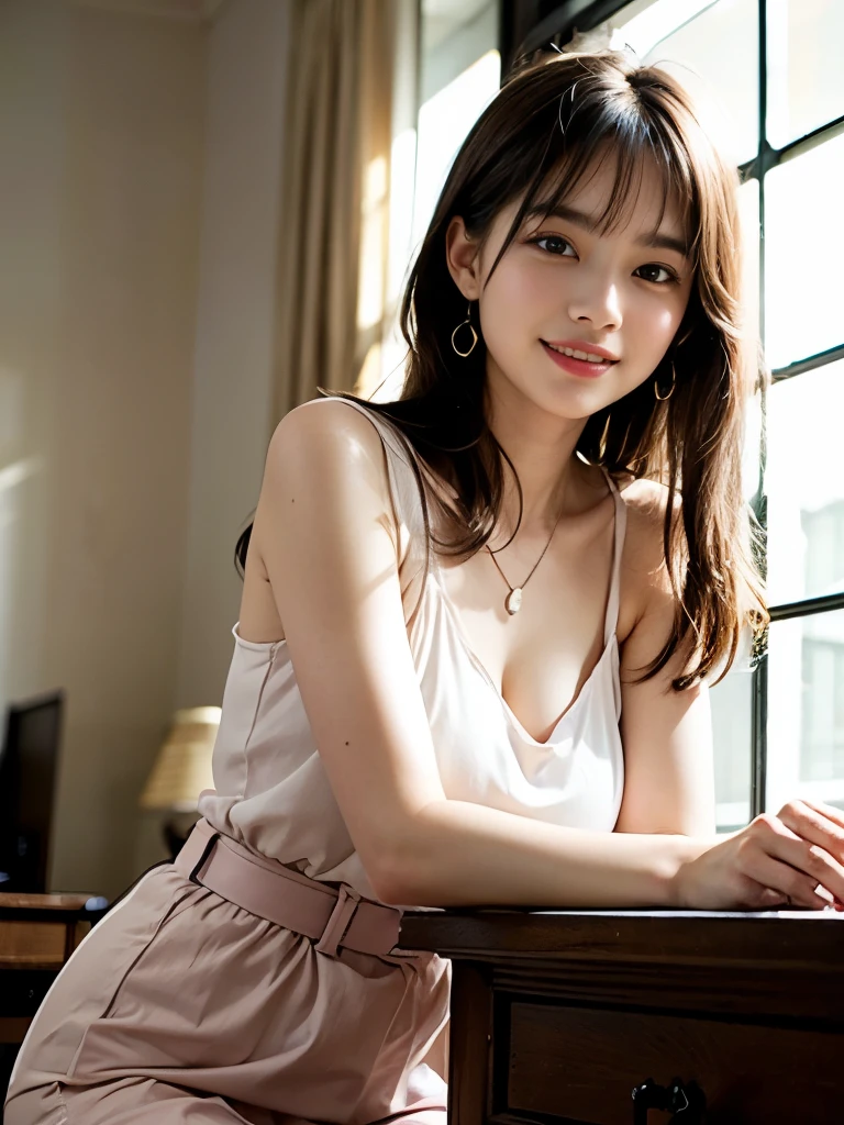 ((Upper Body)), ((From below)), ((Realistic)), 1 cute model, 20 year old girl, (close), (In the room, Sitting pose, Leaning on the dresser), Look out the window, Comfortable posture, Eye-catching pose, Detailed Scene, Beautiful Hair Accessories, ((Brown Hair,long hair,bangs))),light makeup, Blush Lash, Gloss for lips, ((Light pink slip-ons, Tulle tunic, Leaking from one shoulder, high waist, Nice belt)), ((Warm Light, Warm color palette)), (Very high color saturation), Detailed explanation, Very detailed, (masterpiece, Highest quality), (Very delicate and beautiful work), Delicate earrings, Delicate necklace, Simple blur background, Very detailed explanation, Ultra-fine painting, Delicate face, Slim and toned body, Slim your waist, (Grin, happy Grin, Bare your teeth), (Anatomically correct)