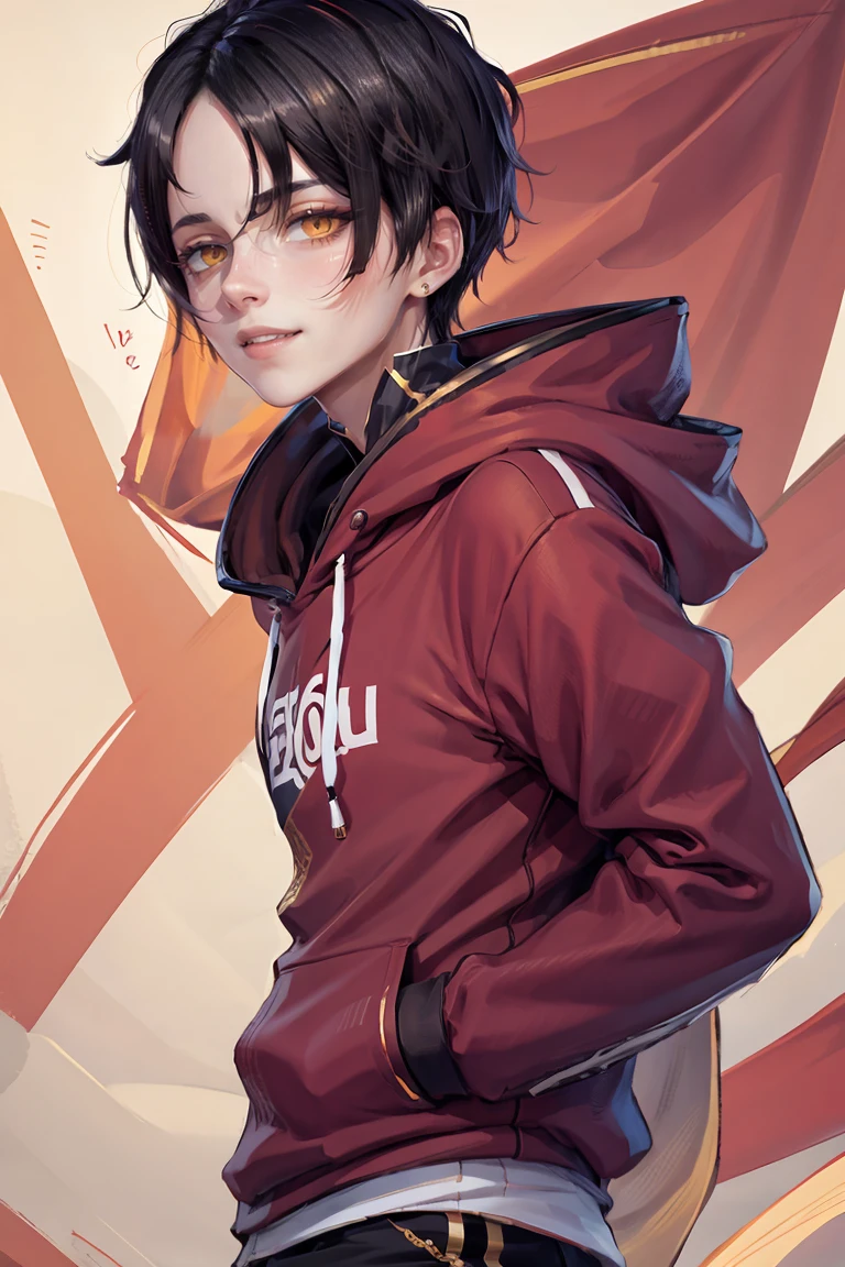 hui xiyi, rekkyou sensen, rekkyo sensen, black hair, yellow eyes, boy, male, hoodies, (red hoodies:1.25)