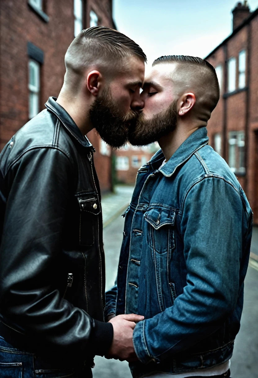 forbidden love, masterpiece, best quality, 2boys, beards, chavs, rough, dirty, Mancunian, mean, bullies, druggies, skinheads, in the neighbourhood, , soft kiss , realistic, dramatic lighting, atmospheric, intricate detail,