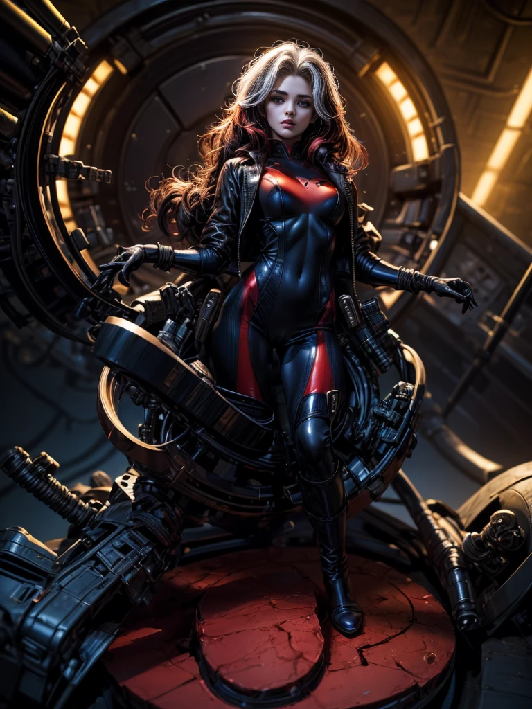 Anna Tove、masterpiece、High quality 4K、villain (X-Men)、Gothic Girl、Sculpted Body Gothic Makeup、Black jacket、Red and blue bodysuit、masterpiece、Highest quality、Cowboy Shots、One personの女の子、One person、Technology Military Bodysuit、fringe