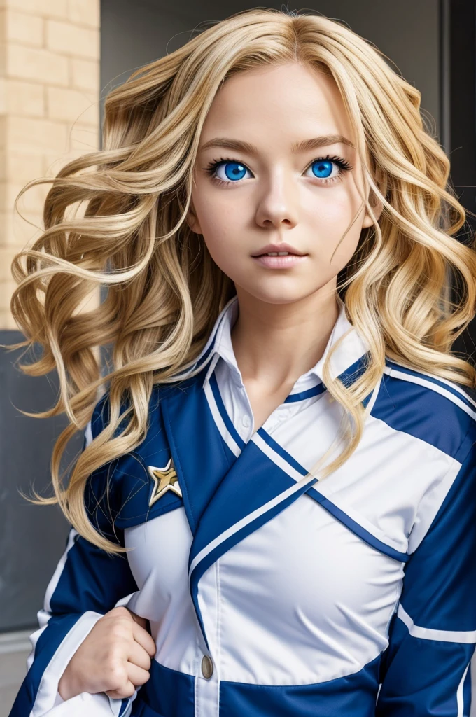 My Hero Academia anime girl with UA uniform wavy blonde hair and blue eyes