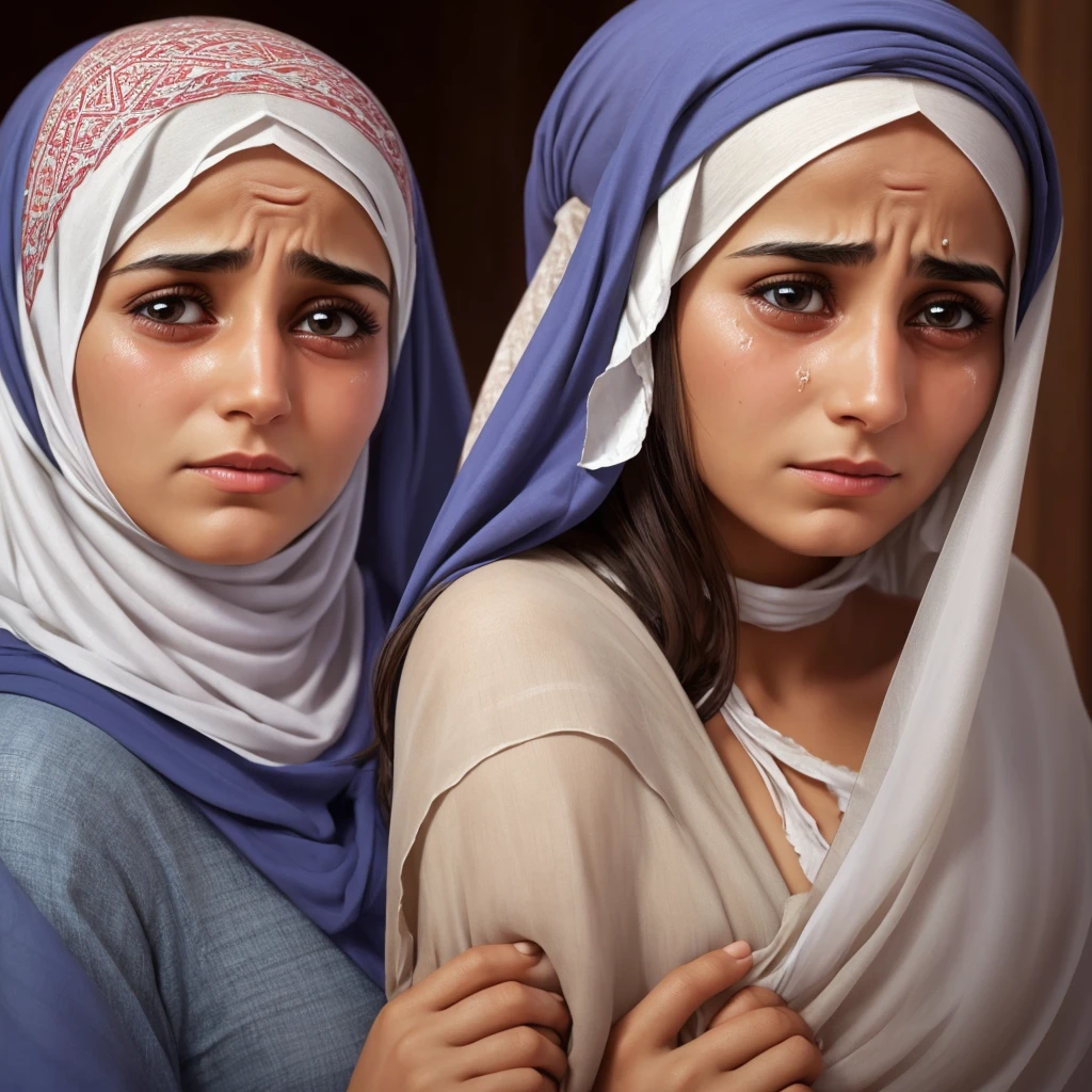 Create a woman in Jewish clothing with a headscarf crying with a face full of tears very sad 