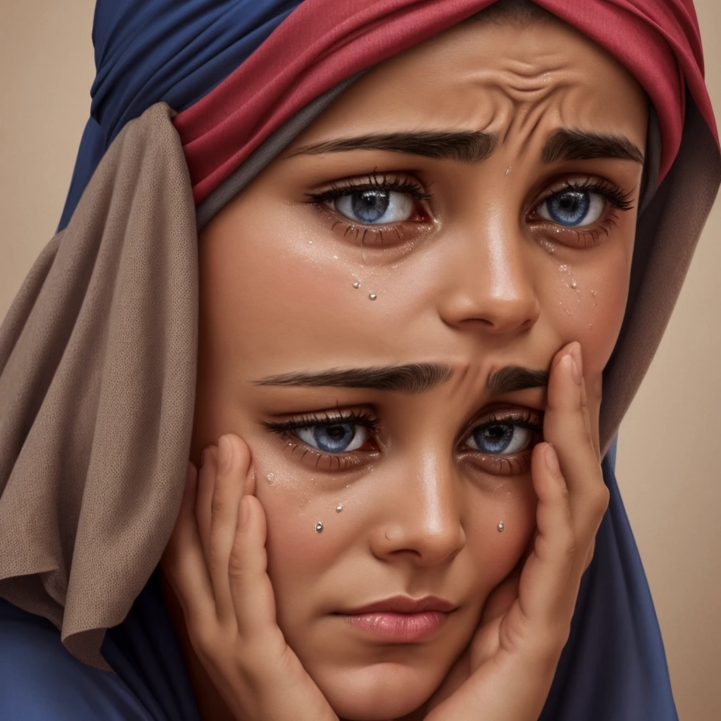 Create a woman in Jewish clothing with a headscarf crying with a face full of tears very sad