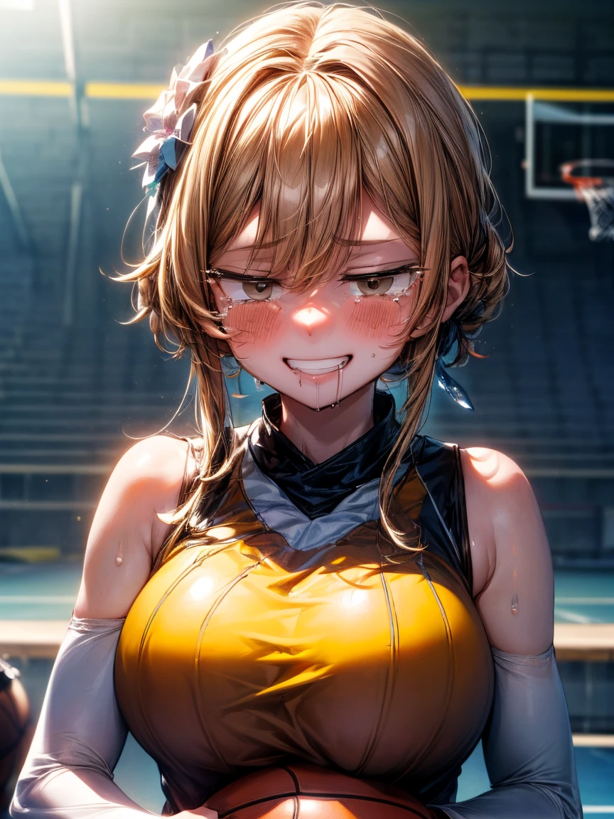 (Very :1.3)、(Girl rides guy perfectly:1.3)、(eyes half closed)、(Grin:1.3)、(Big tears:1.3)、(Drooling from the mouth:1.3)、(The body shakes violently:1.5)、8K resolution、 masterpiece、((Highest quality))、Anatomically correct、(Basketball Uniforms:1.3)、((Hasselblad Photos))、[:(Detailed face:1.2):0.2]、(Big Breasts)