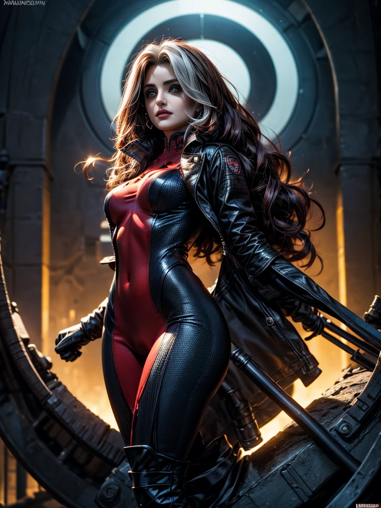 Penelope Cruz、masterpiece、High quality 4K、villain (X-Men)、Gothic Girl、Sculpted Body Gothic Makeup、Black jacket、Red and blue bodysuit、masterpiece、Highest quality、Cowboy Shots、One personの女の子、One person、Technology Military Bodysuit、fringe