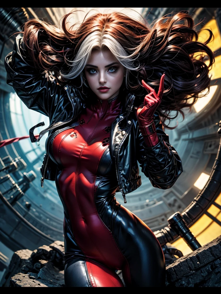 Penelope Cruz、masterpiece、High quality 4K、villain (X-Men)、Gothic Girl、Sculpted Body Gothic Makeup、Black jacket、Red and blue bodysuit、masterpiece、Highest quality、Cowboy Shots、One personの女の子、One person、Technology Military Bodysuit、fringe