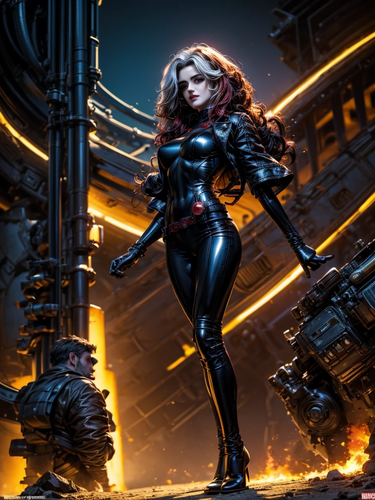 Penelope Cruz、masterpiece、High quality 4K、villain (X-Men)、Gothic Girl、Sculpted Body Gothic Makeup、Black jacket、Red and blue bodysuit、masterpiece、Highest quality、Cowboy Shots、One personの女の子、One person、Technology Military Bodysuit、fringe