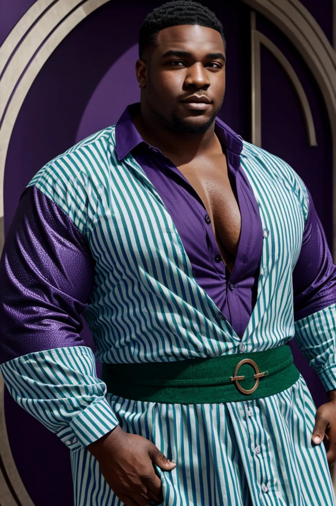 Make a black male dragon with green eyes, this chubby one with large pectorals, wearing purple clothes with unbuttoned buttons, and underneath that shirt, a long-sleeved blue and white striped dress.