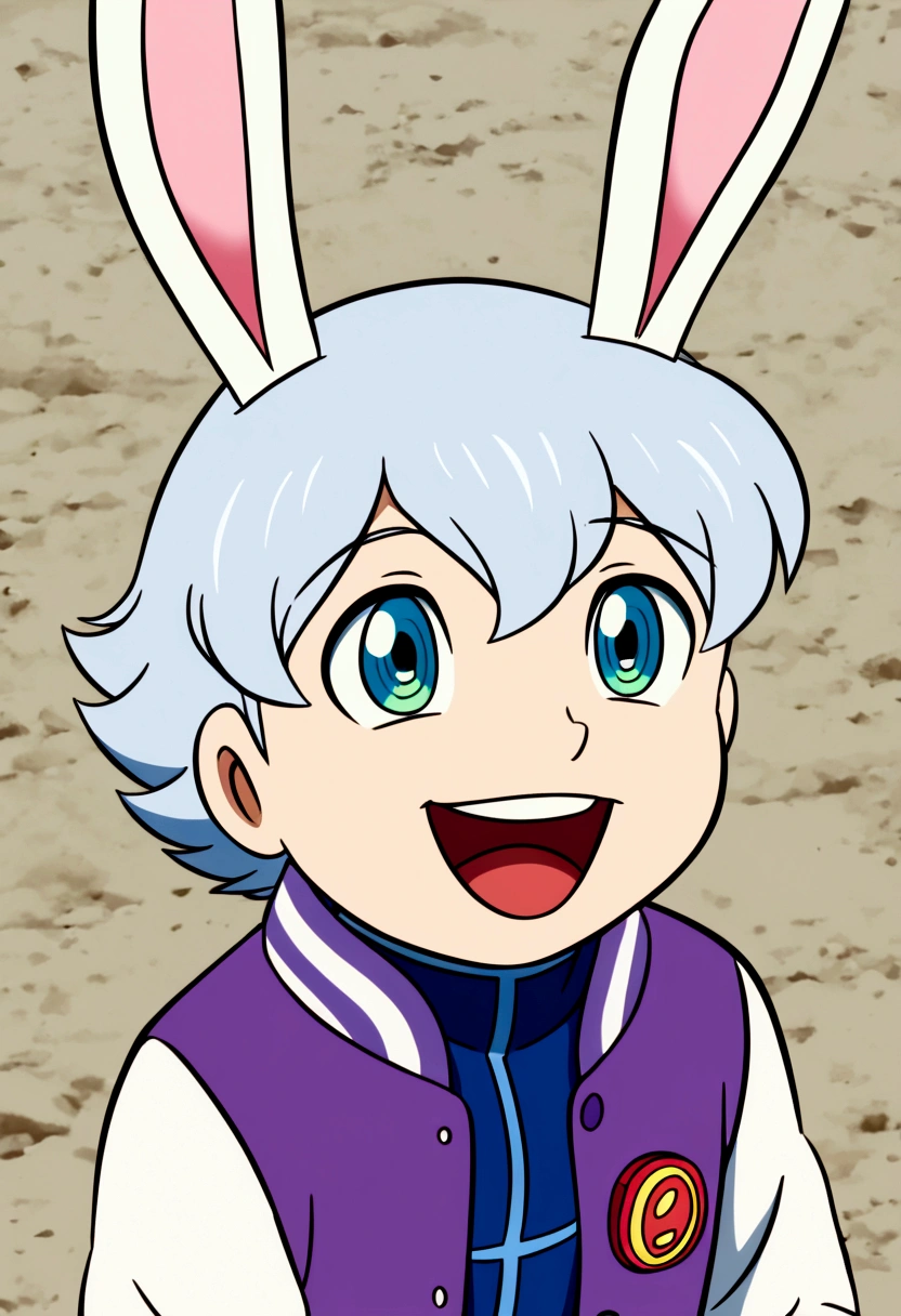 Cute young boy, luca,blue hair, blue eyes, rabbit ears,rabbit boy, cute face, very smail, laughing, utsubuse. photogenic, in the {{{child}}}}, fat old man, behind, best quality, amazing quality, very aesthetic, absurdres,