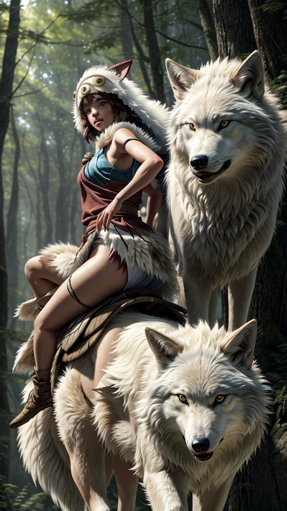 official art, unity 8k wallpaper, Super detailed, beautiful, beautiful, masterpiece, highest quality, Painting of a woman riding a white wolf in the forest, studio ghibly style mononoke, riding a giant silver wolf, artwork in the style of Gweiz, princess mononoke inspired, Gweiz, Gweiz on artstation pixiv, Gweiz on pixiv artstation, mononoke, furry fantasy art