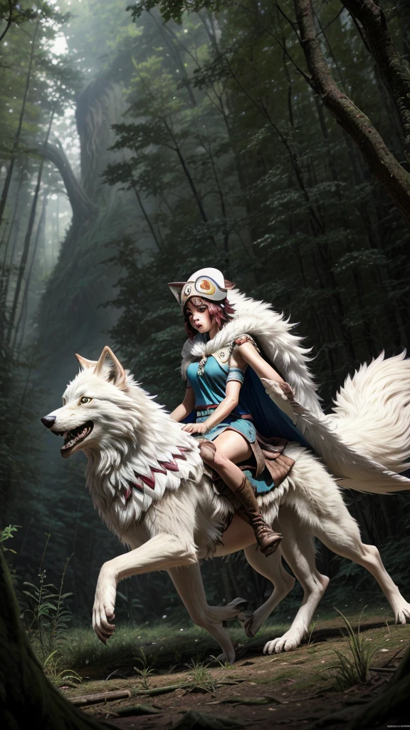 official art, unity 8k wallpaper, Super detailed, beautiful, beautiful, masterpiece, highest quality, Painting of a woman riding a white wolf in the forest, studio ghibly style mononoke, riding a giant silver wolf, artwork in the style of Gweiz, princess mononoke inspired, Gweiz, Gweiz on artstation pixiv, Gweiz on pixiv artstation, mononoke, furry fantasy art