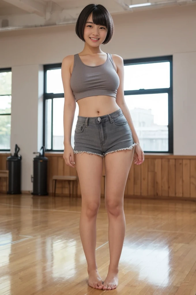 A girl, 18yo, cute smile girl, ((oversized Tank tops)), (gray soft cotton short pants), (thin thighs, small breasts), black pixie cut, huge breasts, in wooden floor school gym, half open mouth, (standing, view from front), full body shot, (barefoot) 