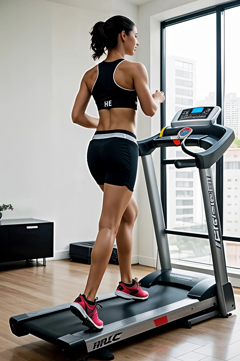 ((Best Quality)), ((Masterpiece)), Description: Treadmill with LCD screen, 12 preset programs, adjustable speed up to 18 km/hy heart rate sensor.
Benefits: Helps improve cardiovascular endurance, burns calories and strengthens legs.
Available colours: negro, Gris
Material: Stainless steel, ABS plastic
