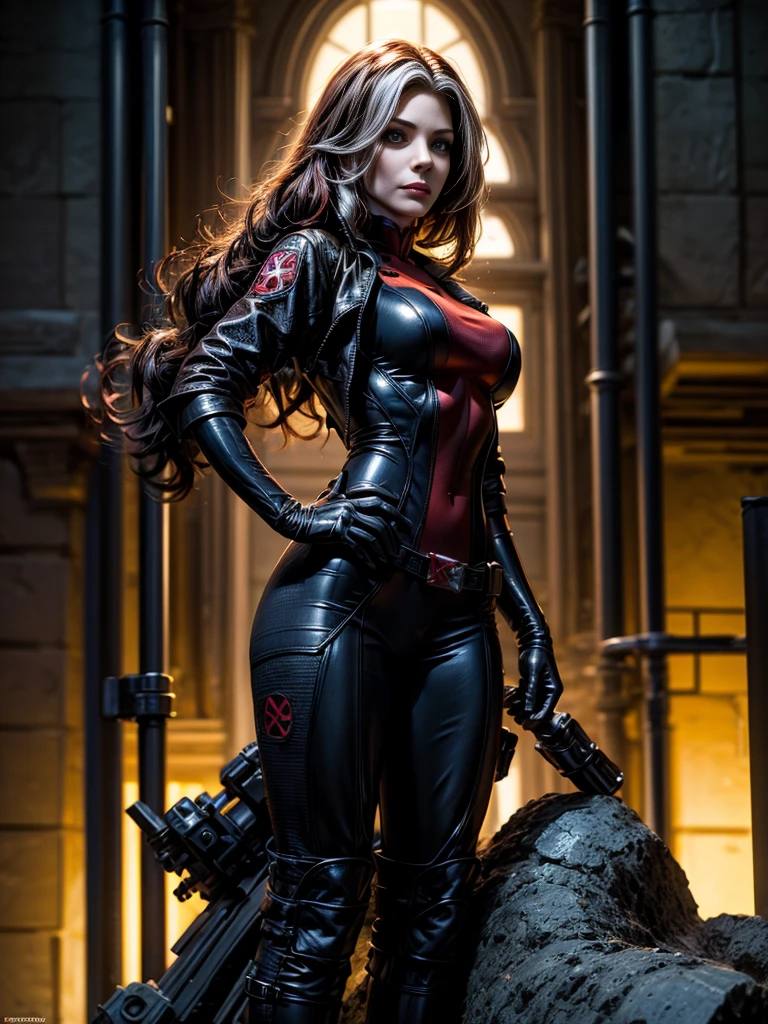 Sandra Bullock、masterpiece、High quality 4K、villain (X-Men)、Gothic Girl、Sculpted Body Gothic Makeup、Black jacket、Red and blue bodysuit、masterpiece、Highest quality、Cowboy Shots、One personの女の子、One person、Technology Military Bodysuit、fringe