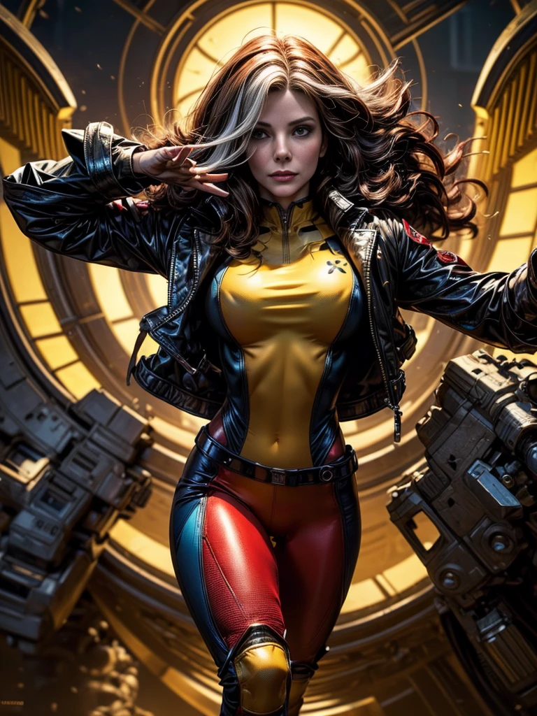 Sandra Bullock、masterpiece、High quality 4K、villain (X-Men)、Gothic Girl、Sculpted Body Gothic Makeup、Black jacket、Red and blue bodysuit、masterpiece、Highest quality、Cowboy Shots、One personの女の子、One person、Technology Military Bodysuit、fringe