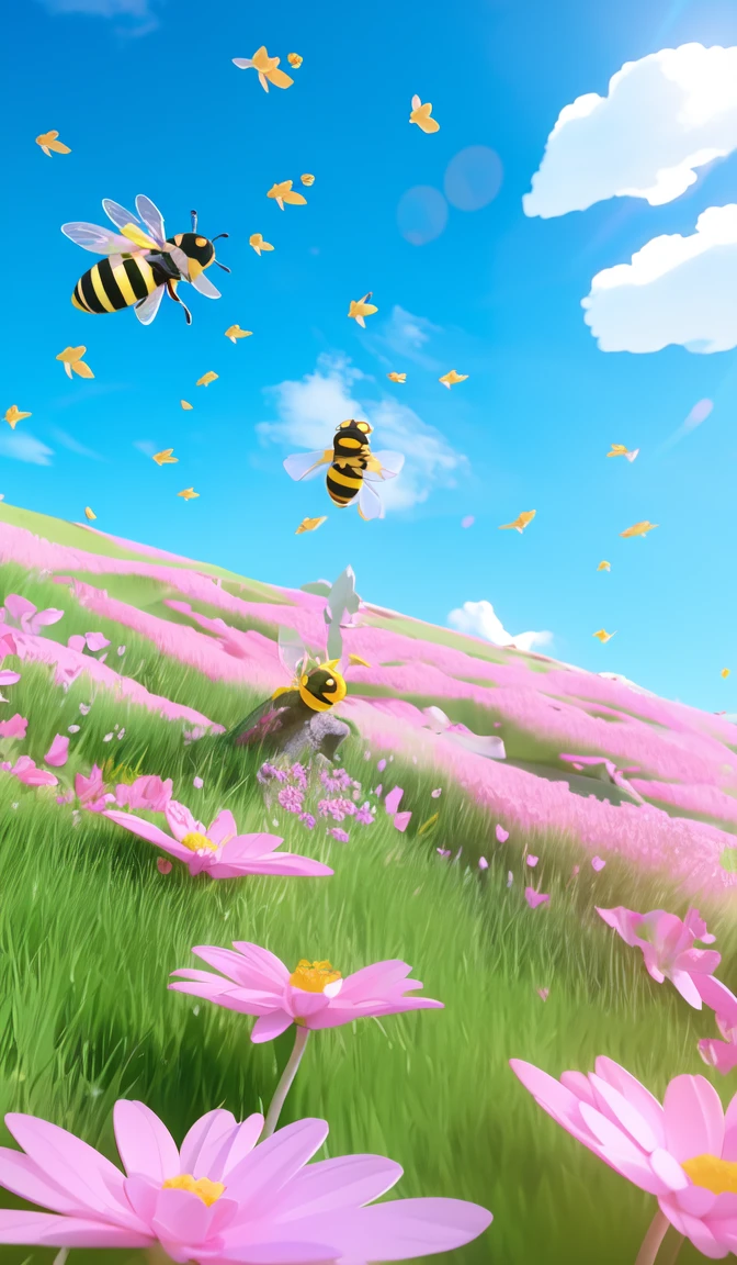 there is a bee flying over a field of flowers with a bee, a 3D render by jeonseok lee, trending on polycount, conceptual art, cute 3 d render, soft 3d render, cute! c4d, stylized as a 3d render, stylized 3d render, adorable digital painting, cute detailed digital art, 3 d bee