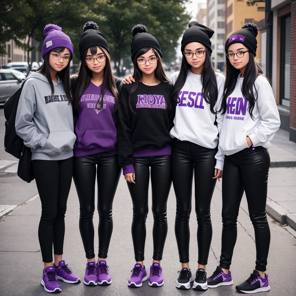 "In college, a young man and two 16 year old girls are taking a photo. The young man wears a winter hat, a sweatshirt and shoes. The girl in the middle wears glasses, a white button-down shirt and tight black pants. The third girl is dressed fashionably in black colored clothing., red and purple."