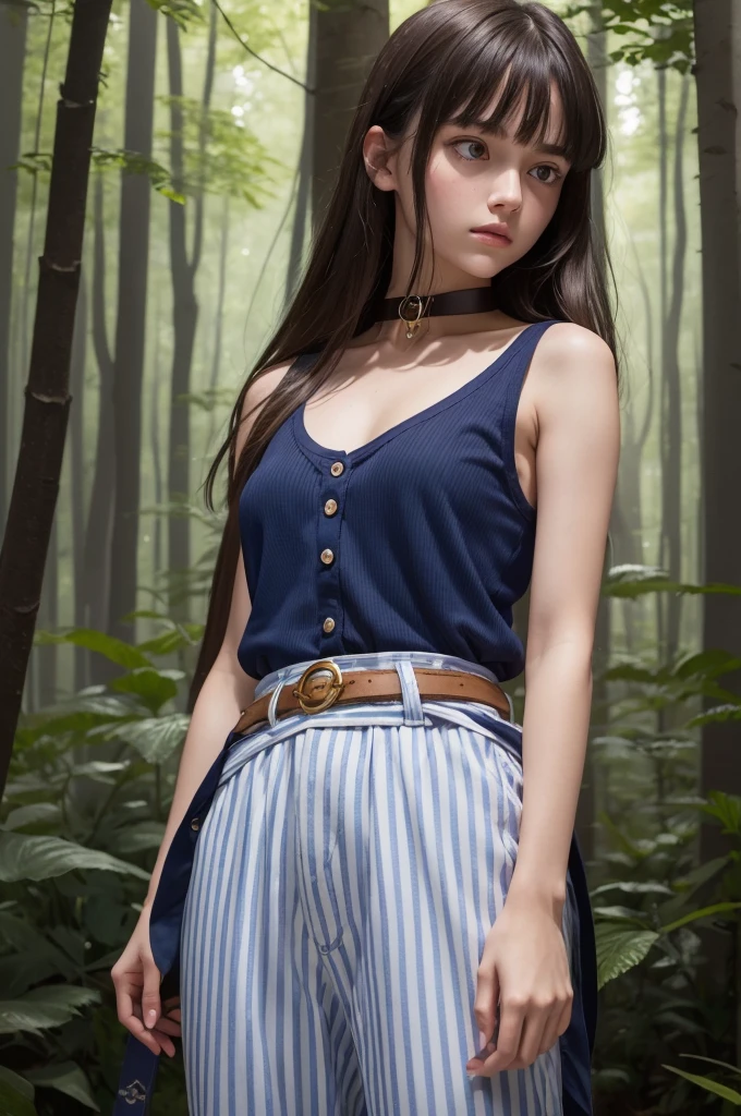 Very detailed background, night forest, 1 girl, dark brown hair halfway down the shoulder, dark blue sleeveless t-shirt, collar halfway up the neck with two horizontal white stripes, three golden buttons, white belt, dark blue wide-leg pants, purple eyes with pink details, bangs divided into three strands, sword in the waist, brunette skin.