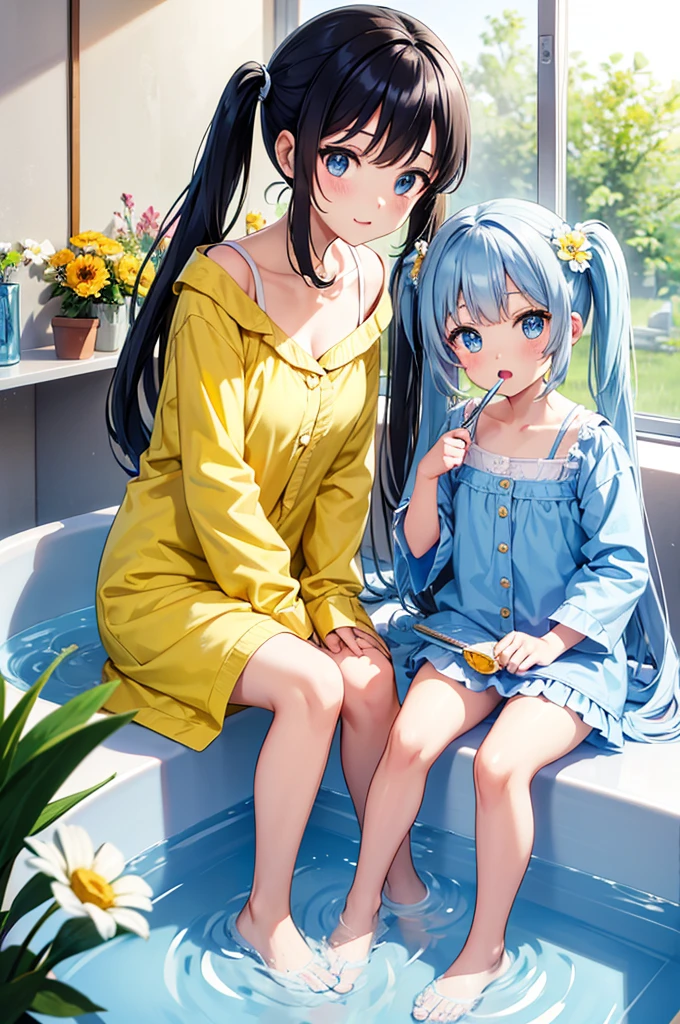 dentifrice　Have a toothbrush　Light blue long hair　beautiful girl with twin tails　Just woke up　Bright, Sunny wash basin　yellow floral pajamas、There are many flowers around　