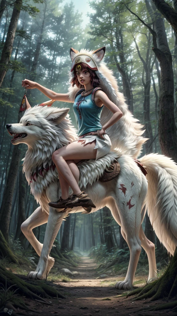 official art, unity 8k wallpaper, Super detailed, beautiful, beautiful, masterpiece, highest quality, Painting of a woman riding a white wolf in the forest, studio ghibly style mononoke, riding a giant silver wolf, artwork in the style of Gweiz, princess mononoke inspired, Gweiz, Gweiz on artstation pixiv, Gweiz on pixiv artstation, mononoke, furry fantasy art