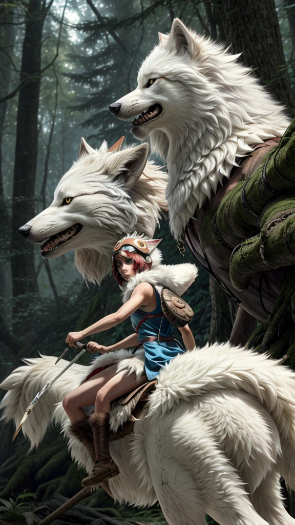 official art, unity 8k wallpaper, Super detailed, beautiful, beautiful, masterpiece, highest quality, Painting of a woman riding a white wolf in the forest, studio ghibly style mononoke, riding a giant silver wolf, artwork in the style of Gweiz, princess mononoke inspired, Gweiz, Gweiz on artstation pixiv, Gweiz on pixiv artstation, mononoke, furry fantasy art
