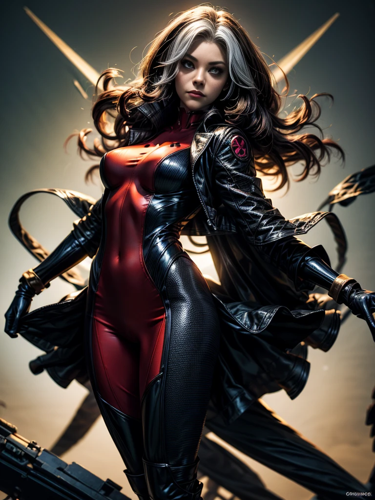 Zoe Saldana、masterpiece、High quality 4K、villain (X-Men)、Gothic Girl、Sculpted Body Gothic Makeup、Black jacket、Red and blue bodysuit、masterpiece、Highest quality、Cowboy Shots、One personの女の子、One person、Technology Military Bodysuit、fringe