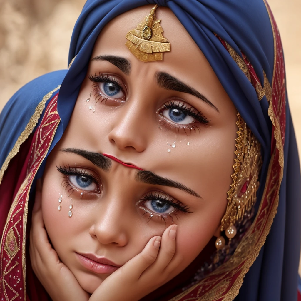 Create a woman in Jewish clothing with a headscarf crying with a face full of tears very sad