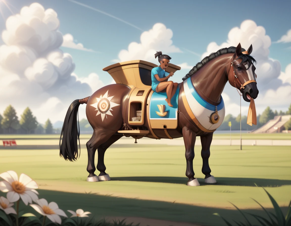 African woman (very full figured  black skinned ) nude.  riding big horse. big bum. flat grass. cloudless blue sky., black hair, short ponytail, dilated pupils, smelling, open mouth, high detail, depth of field, UHD, masterpiece, anatomically correct, accurate, super detail, highres, 16k meadow.  cloudless blue sky. 