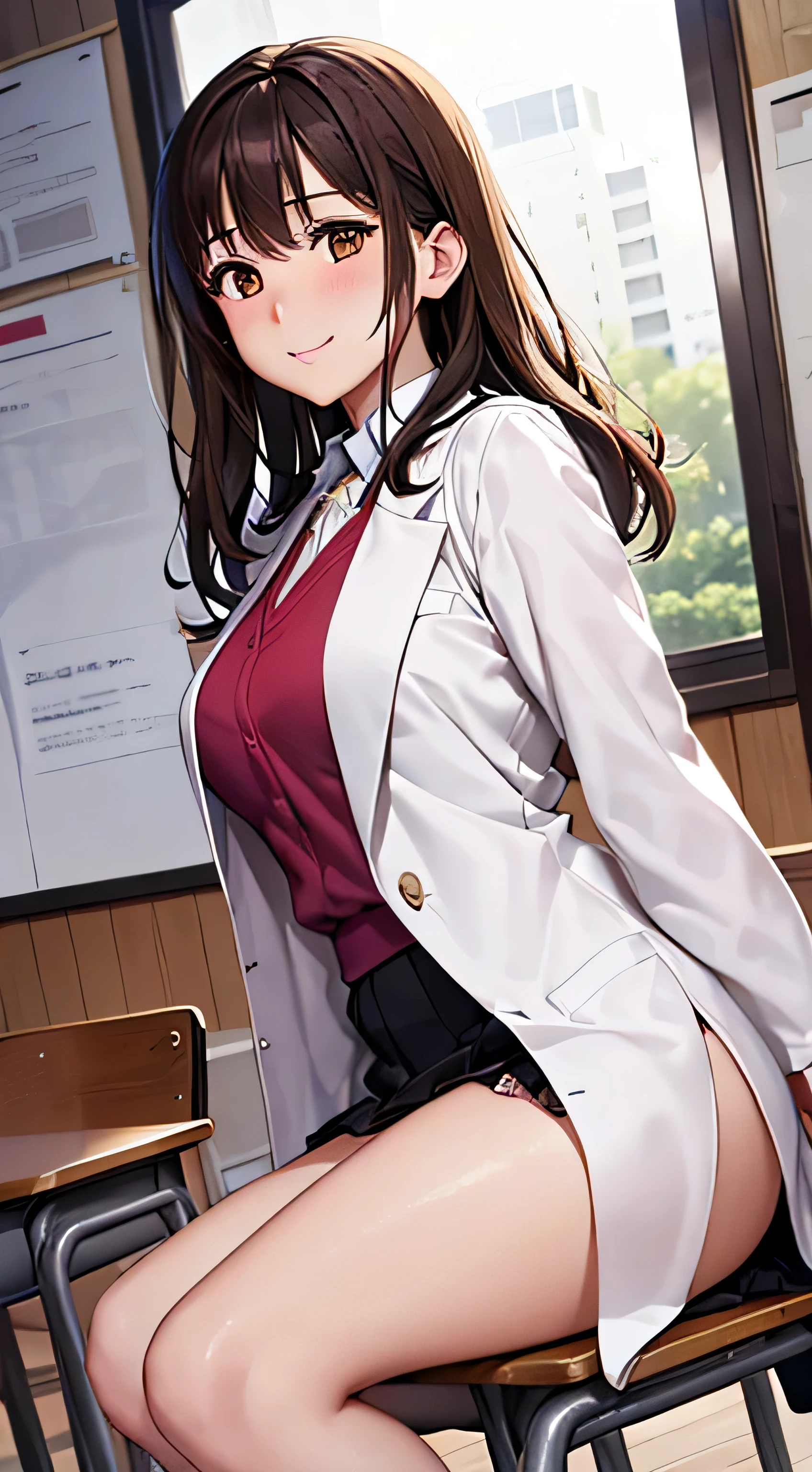 ((Tabletop, Highest quality, High resolution, , Pixel Perfect, 4K,))), 1 female teacher, single, alone, beauty、The whole body is visible、 ((Mid-wave hair, bangs, Brown Hair)), ((Brown eyes, Beautiful eyelashes, Realistic eyes)), ((Detailed face, Blushing:1.2)), ((Smooth texture:0.75, Realistic texture:0.65, Realistic:1.1, Anime CG Style)), Center of chest, Dynamic Angle, Perfect body, (( , , Wearing a white coat、Female doctor、、, 、))、、Very embarrassing panic smile, 、black flared skirt、classroom、Sit on a chair、Roll up your skirt to show your panties、、(Showing off her white and pink floral lace panties、)、Angle from below)、
