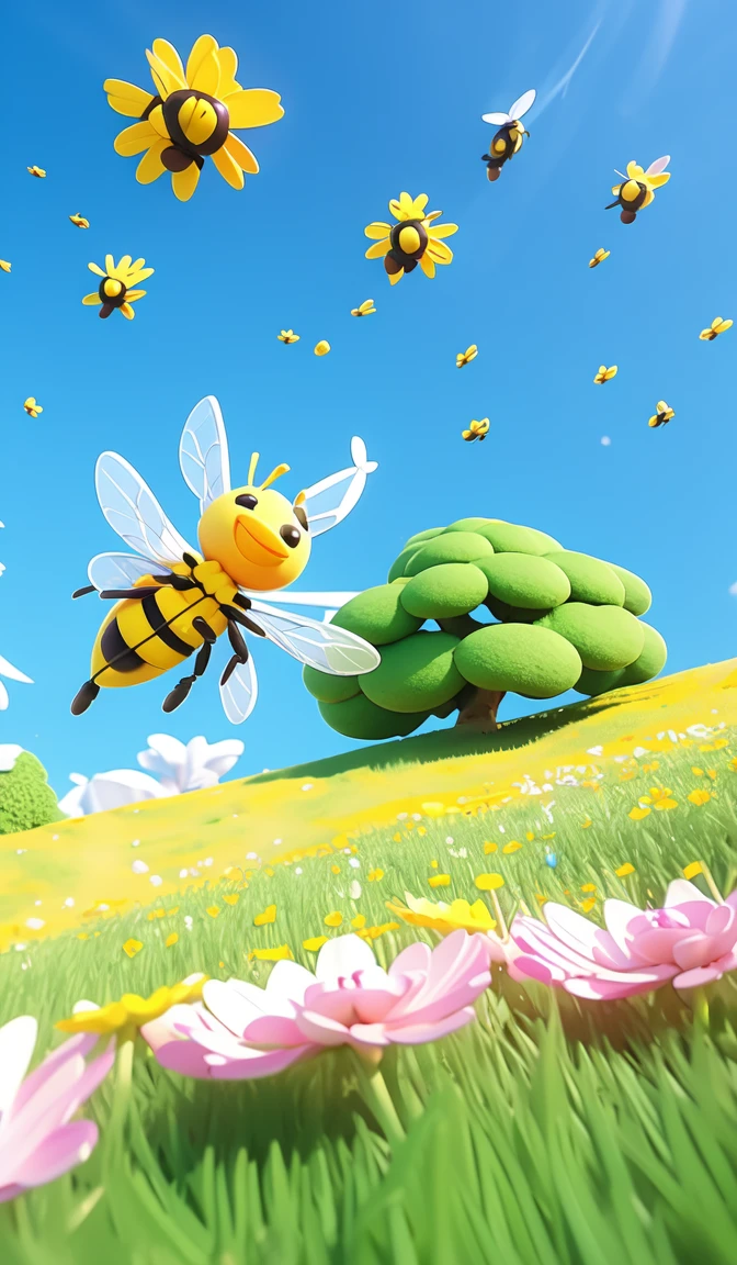 there is a bee flying over a field of flowers with a bee, a 3D render by jeonseok lee, trending on polycount, conceptual art, cute 3 d render, soft 3d render, cute! c4d, stylized as a 3d render, stylized 3d render, adorable digital painting, cute detailed digital art, 3 d bee