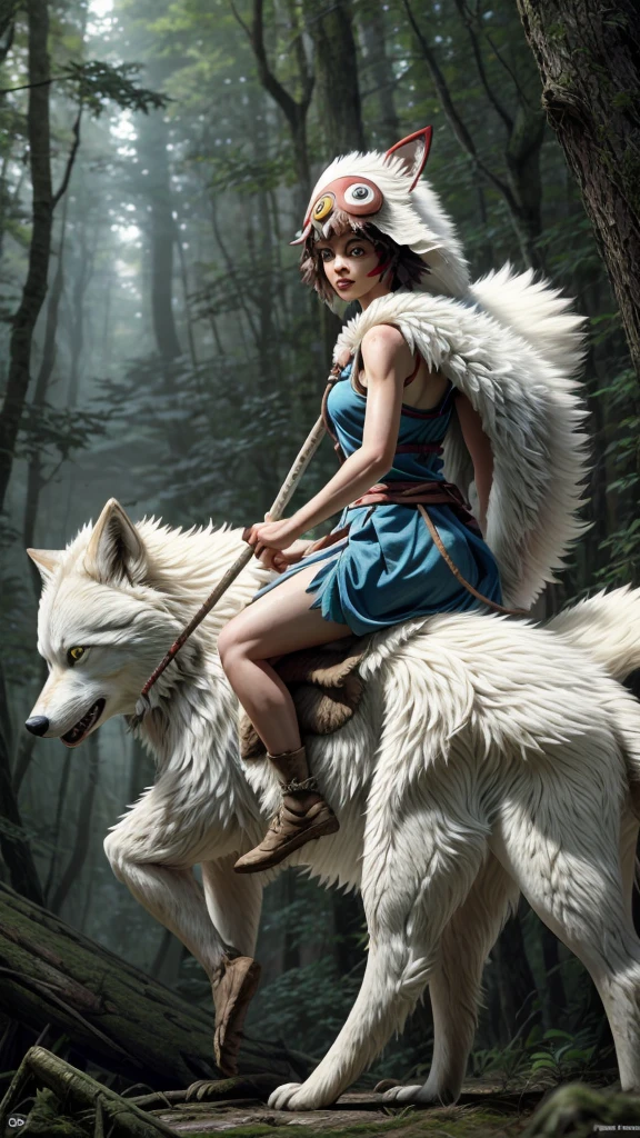 official art, unity 8k wallpaper, Super detailed, beautiful, beautiful, masterpiece, highest quality, Painting of a woman riding a white wolf in the forest, studio ghibly style mononoke, riding a giant silver wolf, artwork in the style of Gweiz, princess mononoke inspired, Gweiz, Gweiz on artstation pixiv, Gweiz on pixiv artstation, mononoke, furry fantasy art