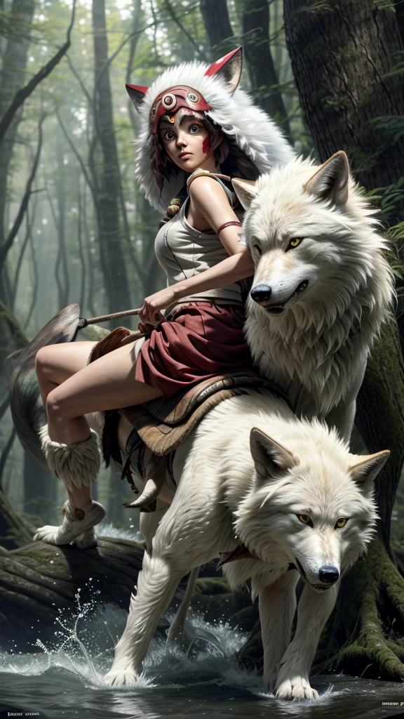 official art, unity 8k wallpaper, Super detailed, beautiful, beautiful, masterpiece, highest quality, Painting of a woman riding a white wolf in the forest, studio ghibly style mononoke, riding a giant silver wolf, artwork in the style of Gweiz, princess mononoke inspired, Gweiz, Gweiz on artstation pixiv, Gweiz on pixiv artstation, mononoke, furry fantasy art