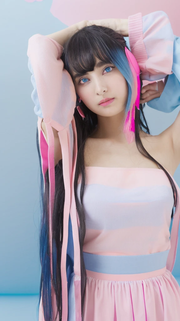 masterpiece, Highest quality, 4K, Realistic, Bokeh, Awareness-raising,1 perfect portrait of a girl, (A fascinating eye for perfect detail:1.2), Colorful Hair, (Gradient Hair), (Blue and pink soft long hair:1.6), (Cat ear:1.2), Fantasy Background, (Exposed bare shoulders), (Long-term alienation sleeve), (Lean forward slightly), Tilt your head, Cinema Lighting, Larger clothes, (Seductive pose:1.4), (Blue and pink background:1.6), Beautiful bright blue eyes, close,