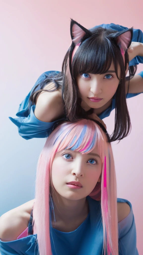 masterpiece, Highest quality, 4K, Realistic, Bokeh, Awareness-raising,1 perfect portrait of a girl, (A fascinating eye for perfect detail:1.2), Colorful Hair, (Gradient Hair), (Blue and pink soft long hair:1.6), (Cat ear:1.2), Fantasy Background, (Exposed bare shoulders), (Long-term alienation sleeve), (Lean forward slightly), Tilt your head, Cinema Lighting, Larger clothes, (Seductive pose:1.4), (Blue and pink background:1.6), Beautiful bright blue eyes, close,