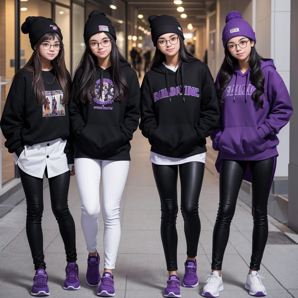 "In college, a trio of a young man and two  girls are taking a photo. The young man wears a winter hat, a sweatshirt and shoes. The girl in the middle wears glasses, a white button-down shirt and tight black pants. The third girl is dressed fashionably in black colored clothing., red and purple."